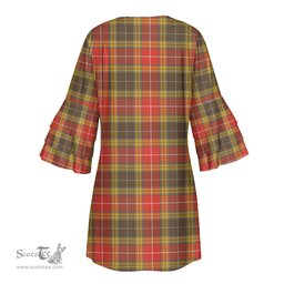 Scottish Buchanan Old Set Weathered Tartan Womens Stacked Ruffle Sleeve Tartan Dress
