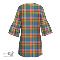 Scottish Buchanan Ancient Tartan Womens Stacked Ruffle Sleeve Tartan Dress