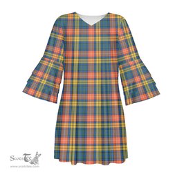 Scottish Buchanan Ancient Tartan Womens Stacked Ruffle Sleeve Tartan Dress