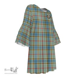 Scottish Balfour Blue Clan Tartan Crest Womens Stacked Ruffle Sleeve Tartan Dress