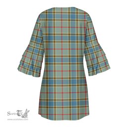 Scottish Balfour Blue Clan Tartan Crest Womens Stacked Ruffle Sleeve Tartan Dress