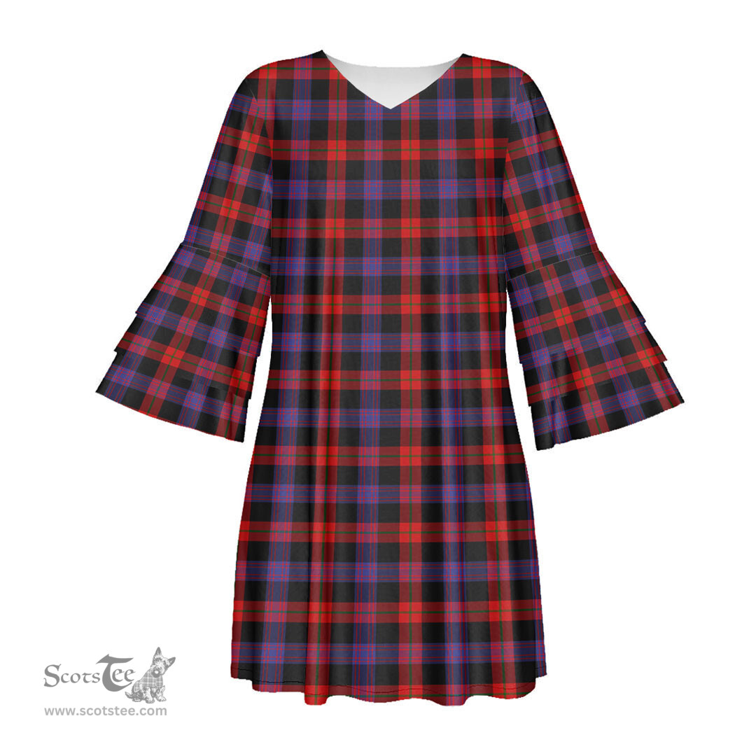 Scottish Brown Modern Tartan Womens Stacked Ruffle Sleeve Tartan Dress