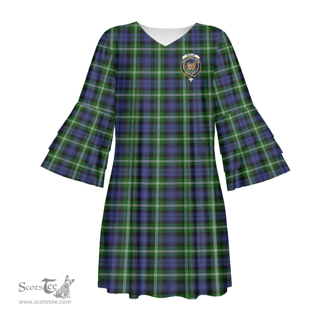 Scottish Baillie Modern Clan Tartan Crest Womens Stacked Ruffle Sleeve Tartan Dress