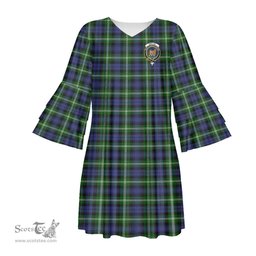 Scottish Baillie Modern Clan Tartan Crest Womens Stacked Ruffle Sleeve Tartan Dress