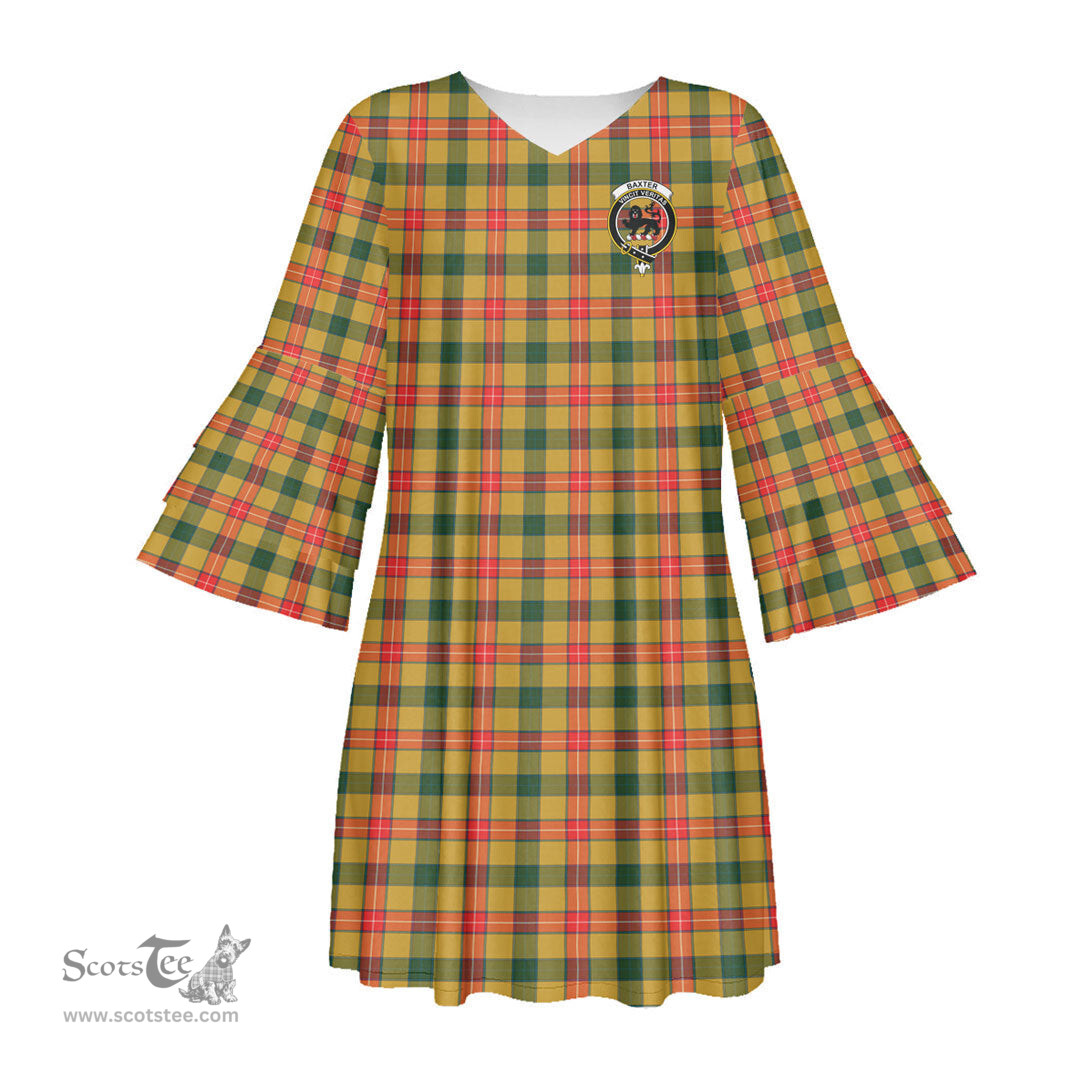 Scottish Baxter Clan Tartan Crest Womens Stacked Ruffle Sleeve Tartan Dress