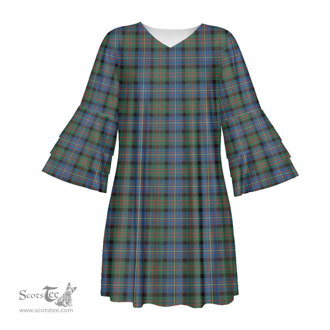 Scottish Cameron of Erracht Ancient Tartan Womens Stacked Ruffle Sleeve Tartan Dress