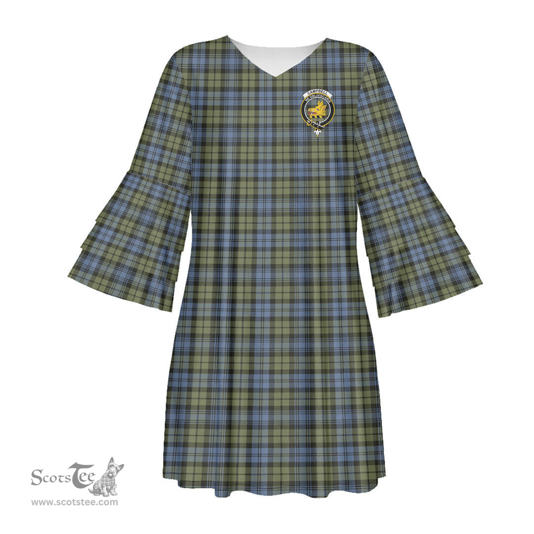 Scottish Campbell Faded Clan Tartan Crest Womens Stacked Ruffle Sleeve Tartan Dress