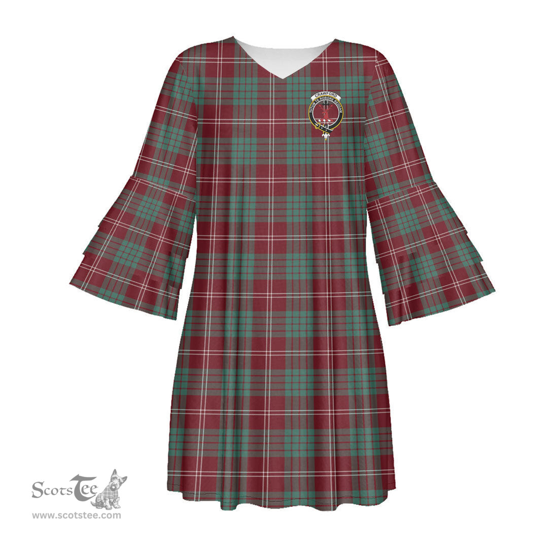 Scottish Crawford Modern Clan Tartan Crest Womens Stacked Ruffle Sleeve Tartan Dress