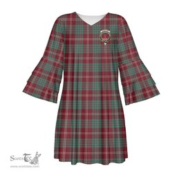 Scottish Crawford Modern Clan Tartan Crest Womens Stacked Ruffle Sleeve Tartan Dress