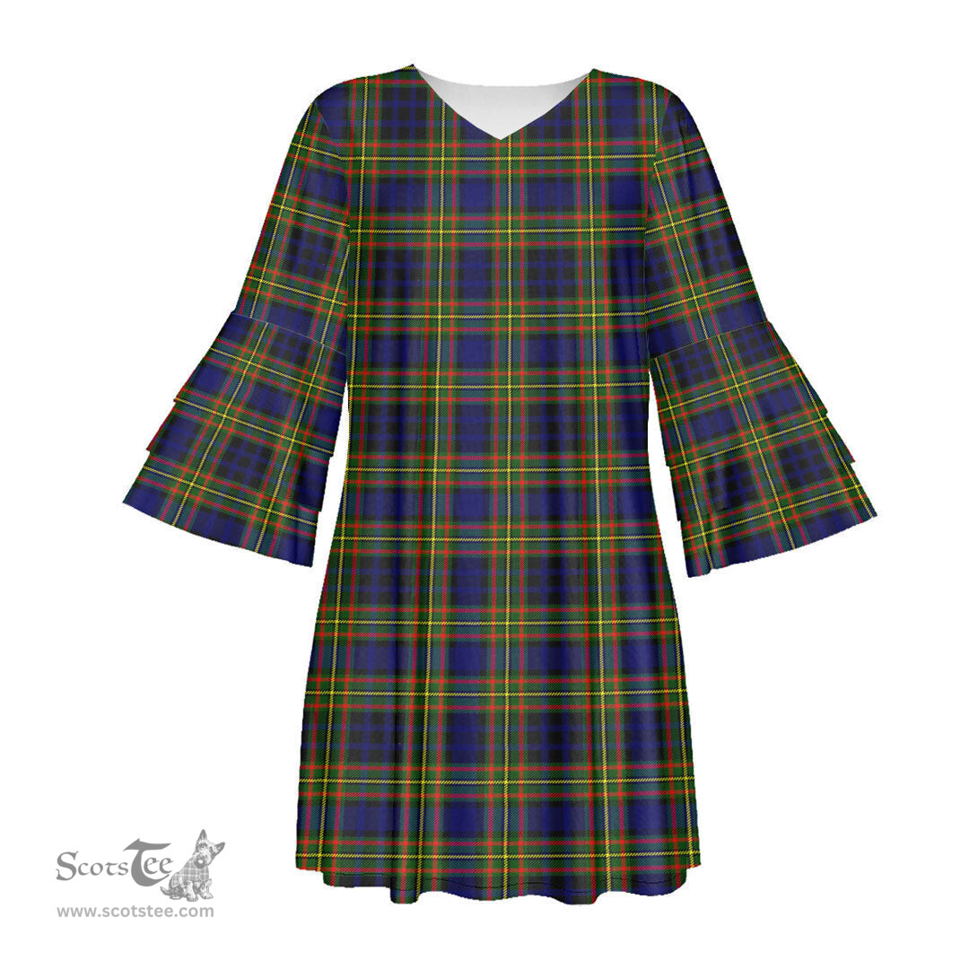 Scottish Clelland Modern Tartan Womens Stacked Ruffle Sleeve Tartan Dress