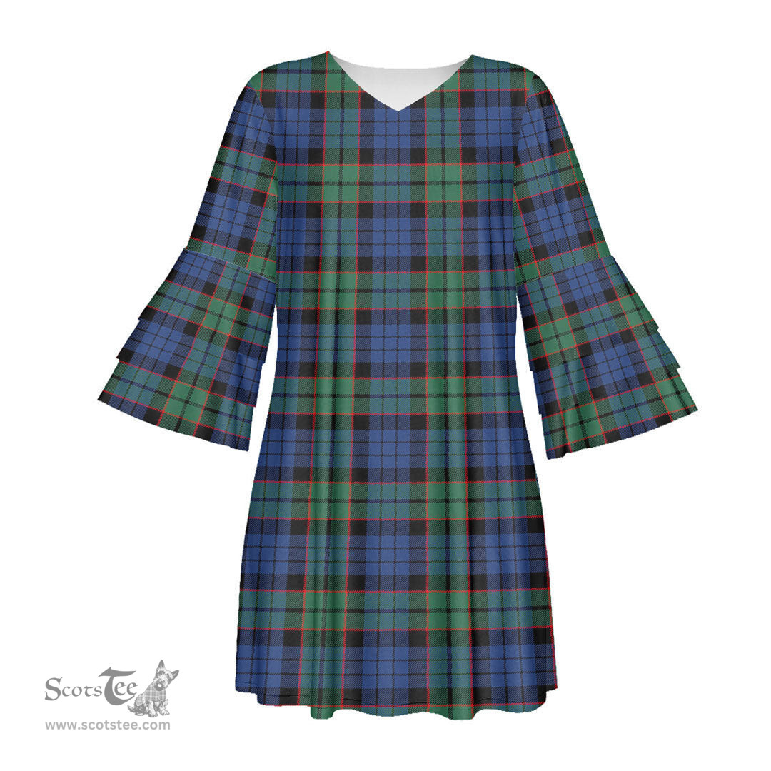 Scottish Fletcher Ancient Tartan Womens Stacked Ruffle Sleeve Tartan Dress