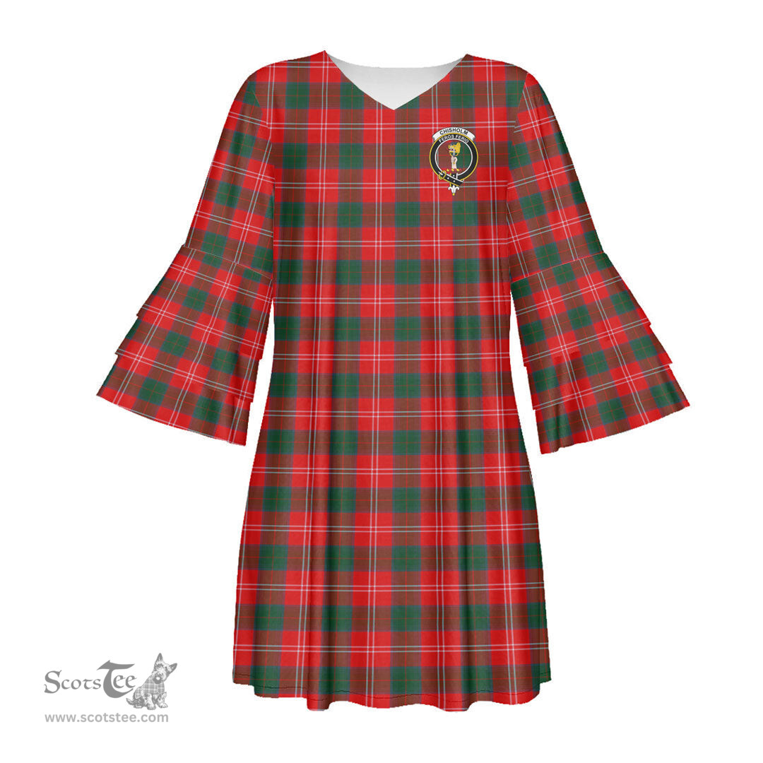 Scottish Chisholm Modern Clan Tartan Crest Womens Stacked Ruffle Sleeve Tartan Dress