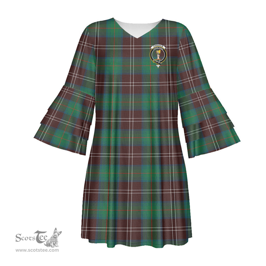 Scottish Chisholm Hunting Ancient Clan Tartan Crest Womens Stacked Ruffle Sleeve Tartan Dress