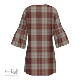 Scottish Cunningham Burgundy Dancers Clan Tartan Crest Womens Stacked Ruffle Sleeve Tartan Dress