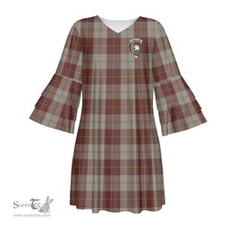 Scottish Cunningham Burgundy Dancers Clan Tartan Crest Womens Stacked Ruffle Sleeve Tartan Dress
