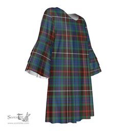 Scottish Fraser Hunting Ancient Tartan Womens Stacked Ruffle Sleeve Tartan Dress