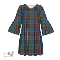Scottish Fraser Hunting Ancient Tartan Womens Stacked Ruffle Sleeve Tartan Dress