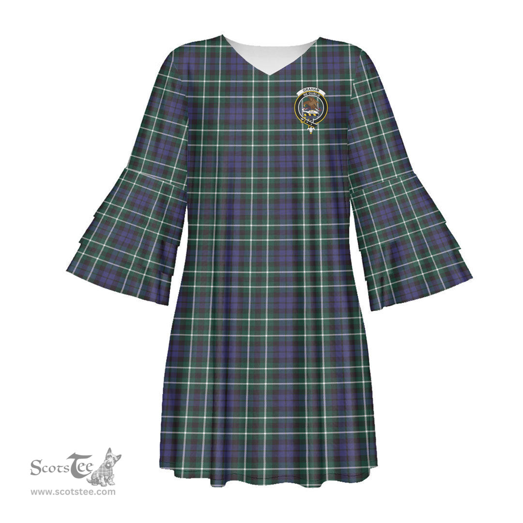 Scottish Graham of Montrose Modern Clan Tartan Crest Womens Stacked Ruffle Sleeve Tartan Dress