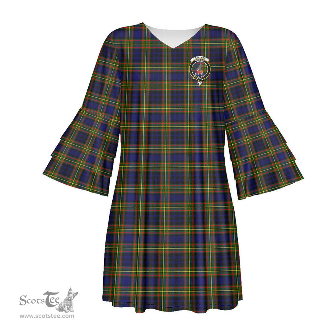 Scottish Clelland Modern Clan Tartan Crest Womens Stacked Ruffle Sleeve Tartan Dress