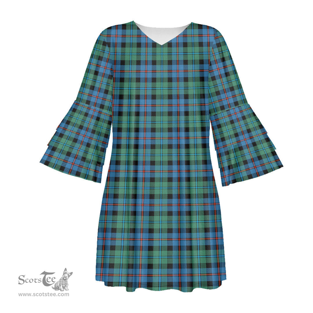 Scottish Campbell of Cawdor Ancient Tartan Womens Stacked Ruffle Sleeve Tartan Dress