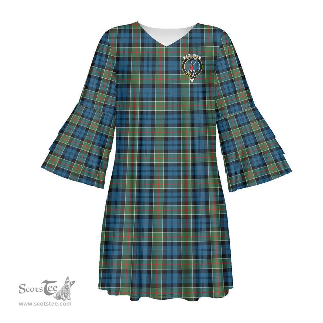 Scottish Colquhoun Ancient Clan Tartan Crest Womens Stacked Ruffle Sleeve Tartan Dress