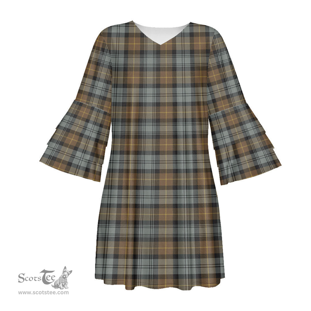 Scottish Gordon Weathered Tartan Womens Stacked Ruffle Sleeve Tartan Dress