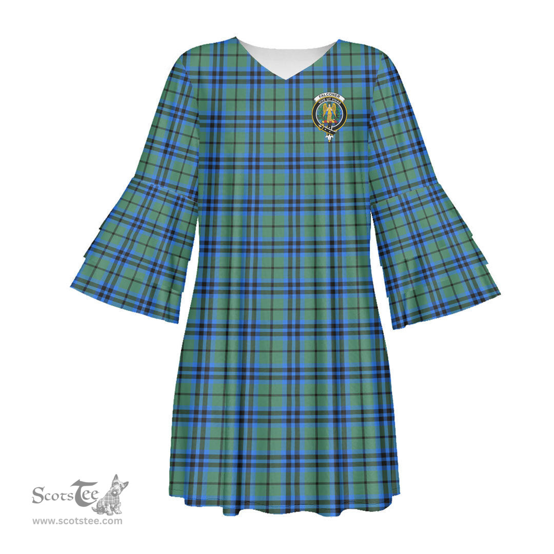 Scottish Falconer Clan Tartan Crest Womens Stacked Ruffle Sleeve Tartan Dress