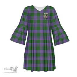 Scottish Elphinstone Clan Tartan Crest Womens Stacked Ruffle Sleeve Tartan Dress
