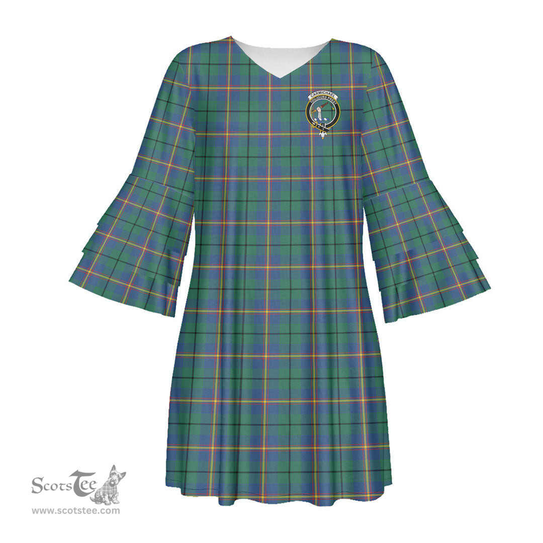 Scottish Carmichael Ancient Clan Tartan Crest Womens Stacked Ruffle Sleeve Tartan Dress