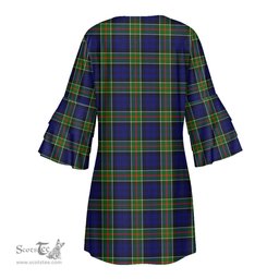 Scottish Colquhoun Modern Clan Tartan Crest Womens Stacked Ruffle Sleeve Tartan Dress