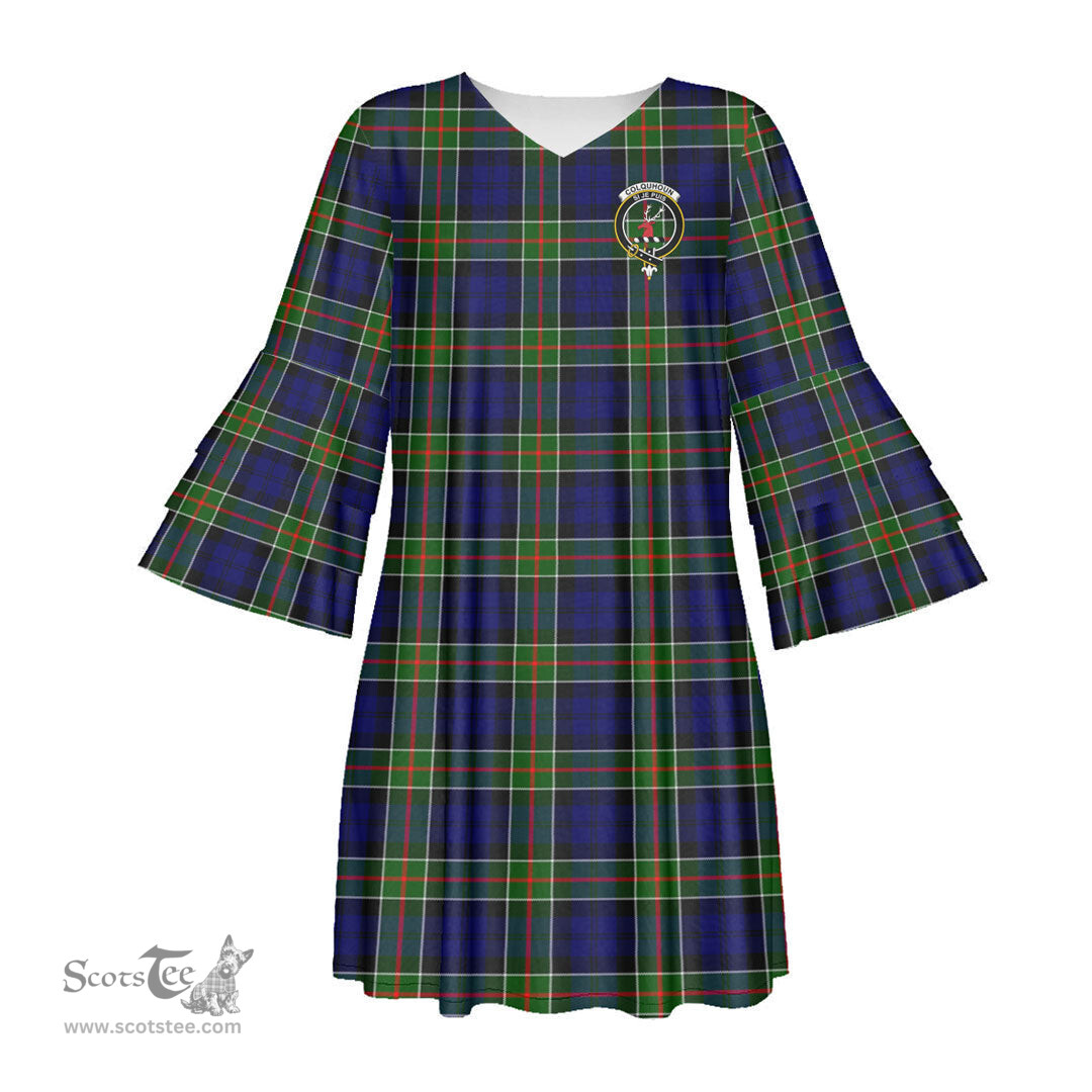 Scottish Colquhoun Modern Clan Tartan Crest Womens Stacked Ruffle Sleeve Tartan Dress