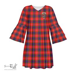 Scottish Fraser Modern Clan Tartan Crest Womens Stacked Ruffle Sleeve Tartan Dress