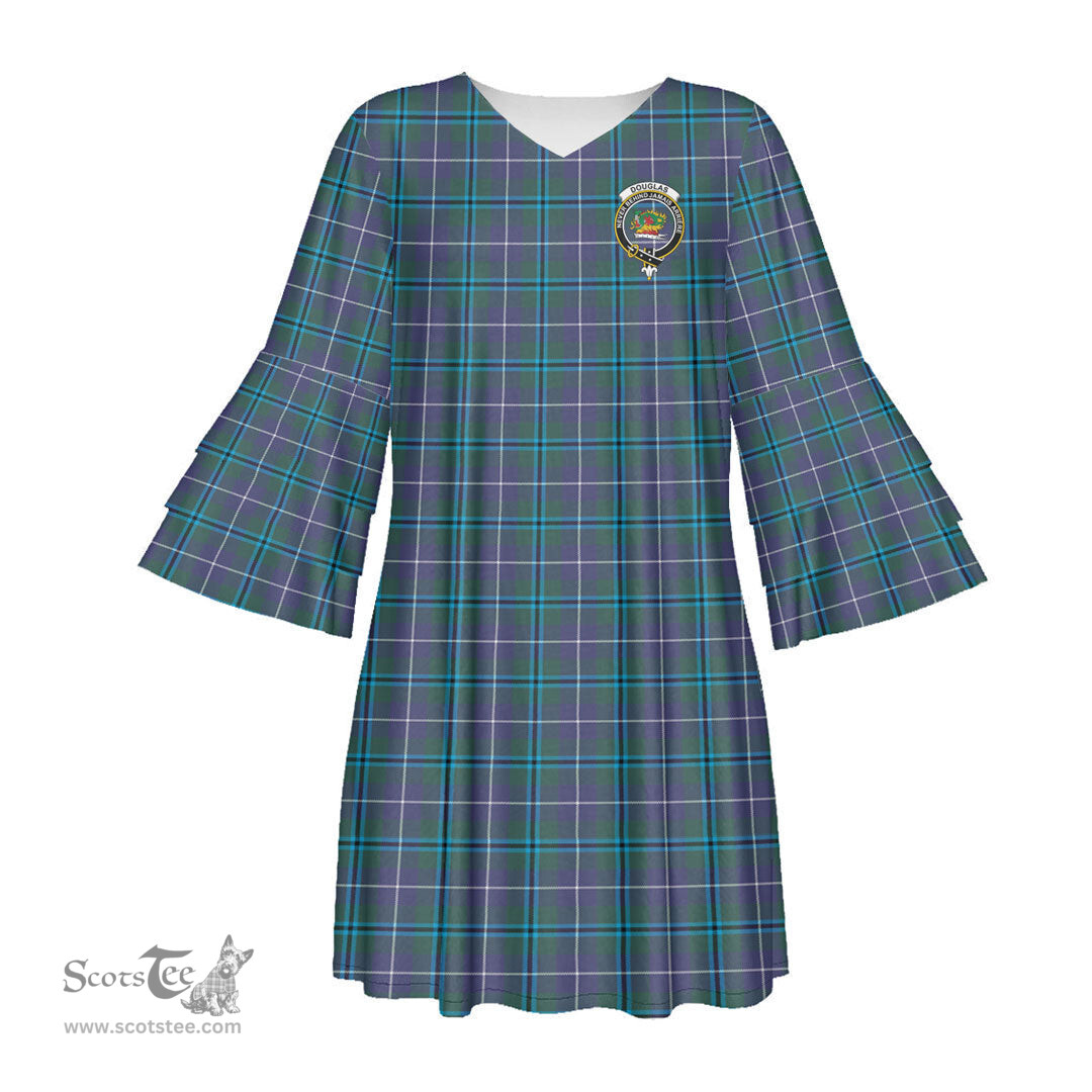 Scottish Douglas Modern Clan Tartan Crest Womens Stacked Ruffle Sleeve Tartan Dress