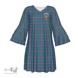 Scottish Douglas Modern Clan Tartan Crest Womens Stacked Ruffle Sleeve Tartan Dress