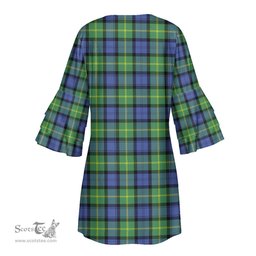 Scottish Gordon Old Ancient Tartan Womens Stacked Ruffle Sleeve Tartan Dress