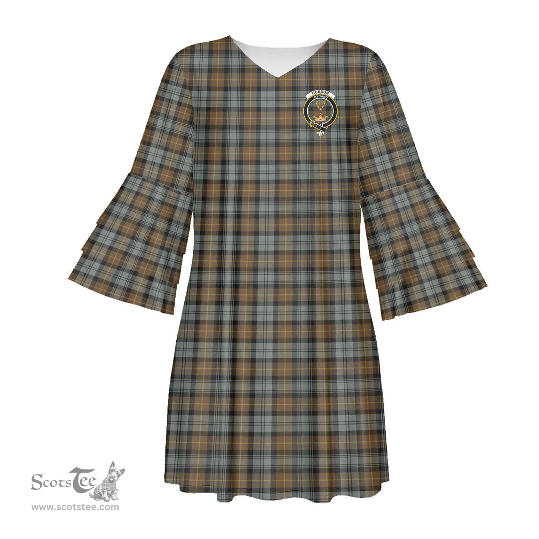 Scottish Gordon Weathered Clan Tartan Crest Womens Stacked Ruffle Sleeve Tartan Dress