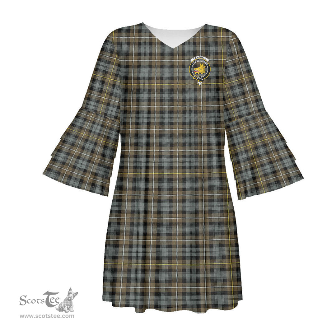 Scottish Campbell Argyll Weathered Clan Tartan Crest Womens Stacked Ruffle Sleeve Tartan Dress