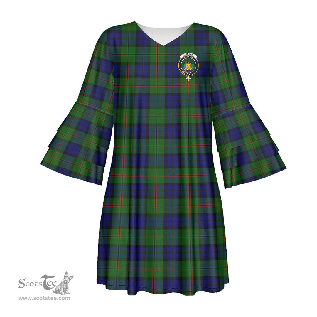 Scottish Dundas Modern Clan Tartan Crest Womens Stacked Ruffle Sleeve Tartan Dress