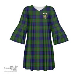 Scottish Dundas Modern Clan Tartan Crest Womens Stacked Ruffle Sleeve Tartan Dress