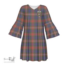 Scottish Fraser Hunting Modern Clan Tartan Crest Womens Stacked Ruffle Sleeve Tartan Dress