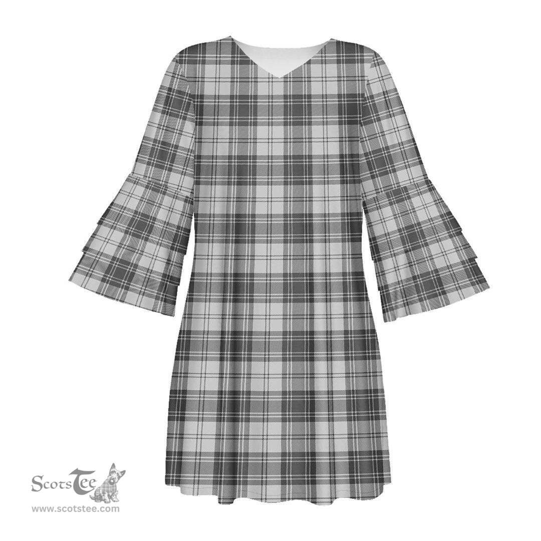 Scottish Douglas Grey Modern Tartan Womens Stacked Ruffle Sleeve Tartan Dress