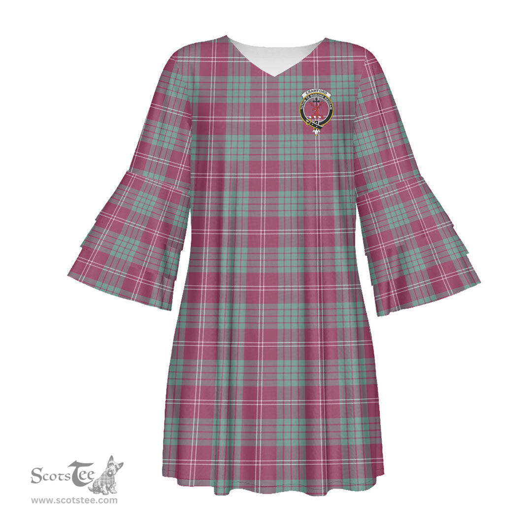 Scottish Crawford Ancient Clan Tartan Crest Womens Stacked Ruffle Sleeve Tartan Dress