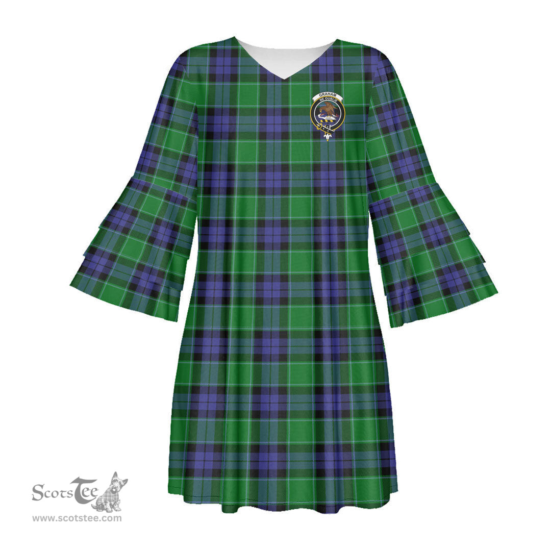 Scottish Graham of Menteith Modern Clan Tartan Crest Womens Stacked Ruffle Sleeve Tartan Dress
