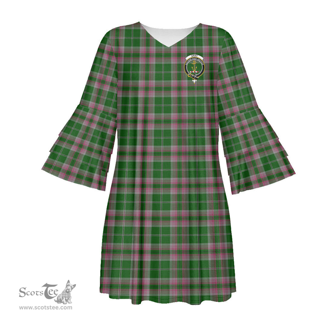 Scottish Gray Hunting Clan Tartan Crest Womens Stacked Ruffle Sleeve Tartan Dress