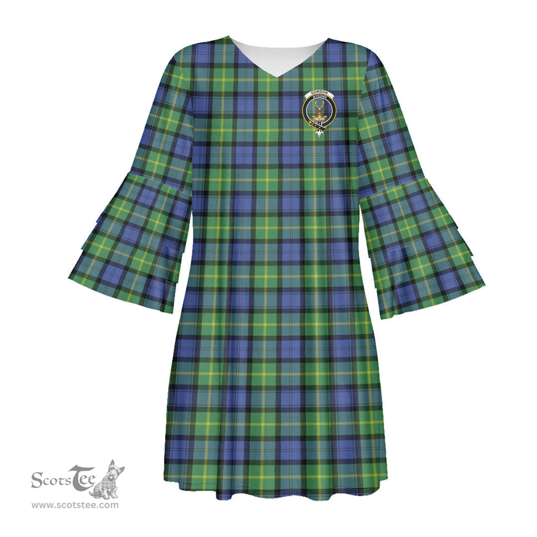 Scottish Gordon Old Ancient Clan Tartan Crest Womens Stacked Ruffle Sleeve Tartan Dress