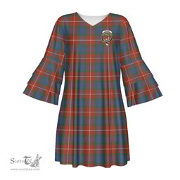 Scottish Fraser Ancient Clan Tartan Crest Womens Stacked Ruffle Sleeve Tartan Dress