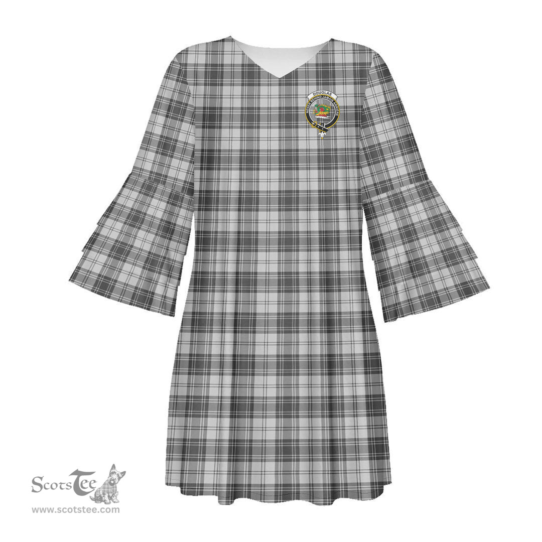 Scottish Douglas Grey Modern Clan Tartan Crest Womens Stacked Ruffle Sleeve Tartan Dress