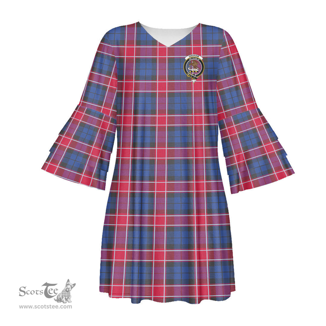 Scottish Graham of Menteith Red Clan Tartan Crest Womens Stacked Ruffle Sleeve Tartan Dress