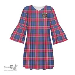Scottish Graham of Menteith Red Clan Tartan Crest Womens Stacked Ruffle Sleeve Tartan Dress