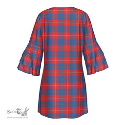 Scottish Galloway Red Clan Tartan Crest Womens Stacked Ruffle Sleeve Tartan Dress